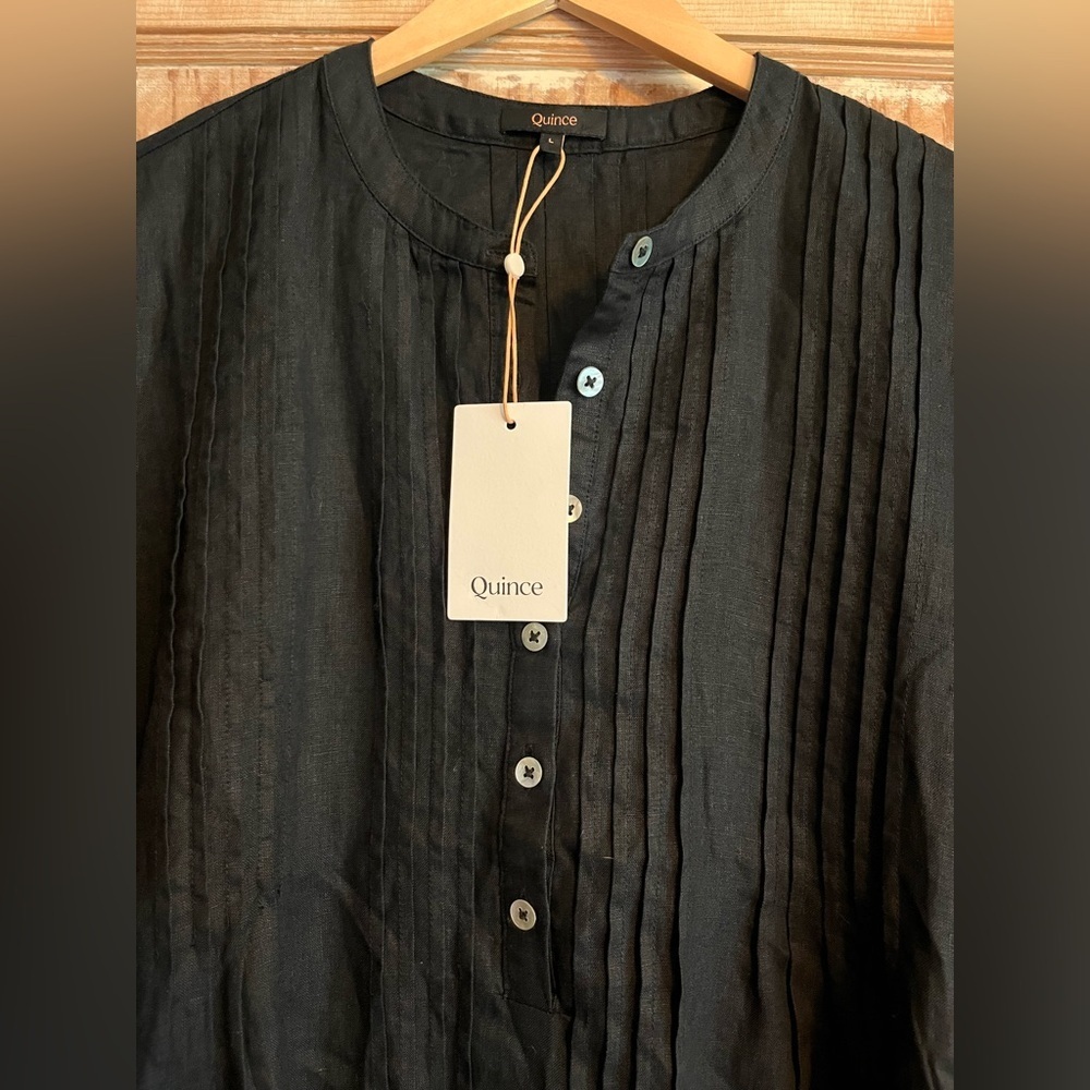 NWT Quince 100% European Linen Short Sleeve Swing Dress, Black - L - Picture 3 of 5